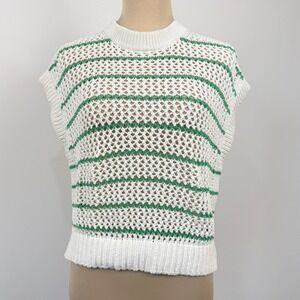 Madewell Open Knit Sweater Tee Womens XS Oversized White Green Coastal Preppy